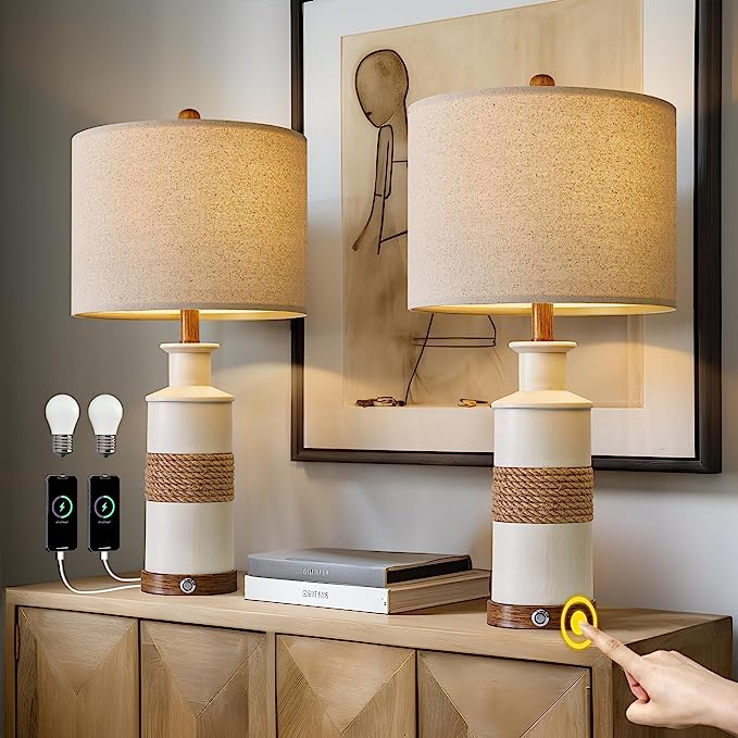 Pair of modern table lamps with black geometric iron bases and rectangular linen shades—stylish for living room or bedside use-4