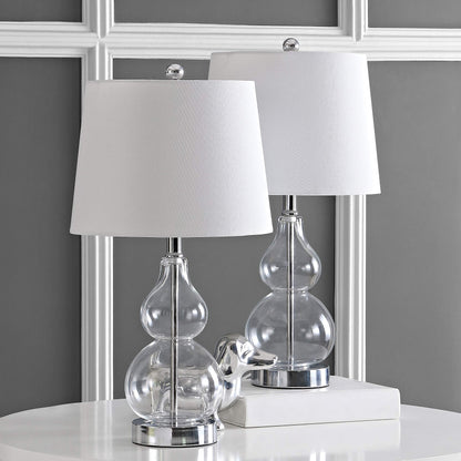Elegant clear glass double‑gourd table lamp atop a polished chrome base, standing approximately 22 inches tall with a crisp white shade-1