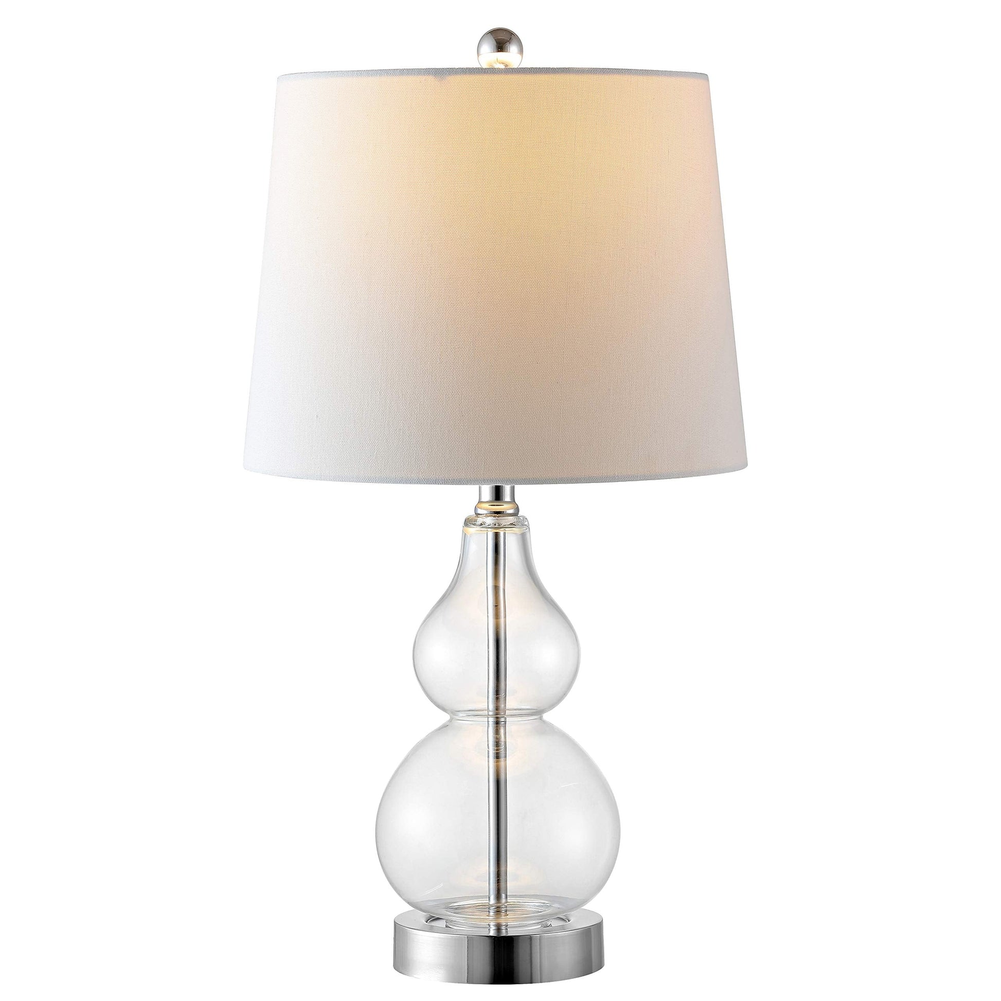 Elegant clear glass double‑gourd table lamp atop a polished chrome base, standing approximately 22 inches tall with a crisp white shade-2