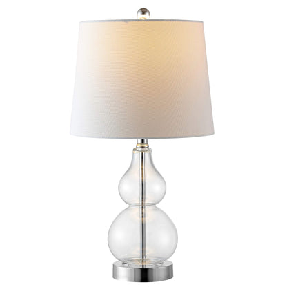 Elegant clear glass double‑gourd table lamp atop a polished chrome base, standing approximately 22 inches tall with a crisp white shade-2