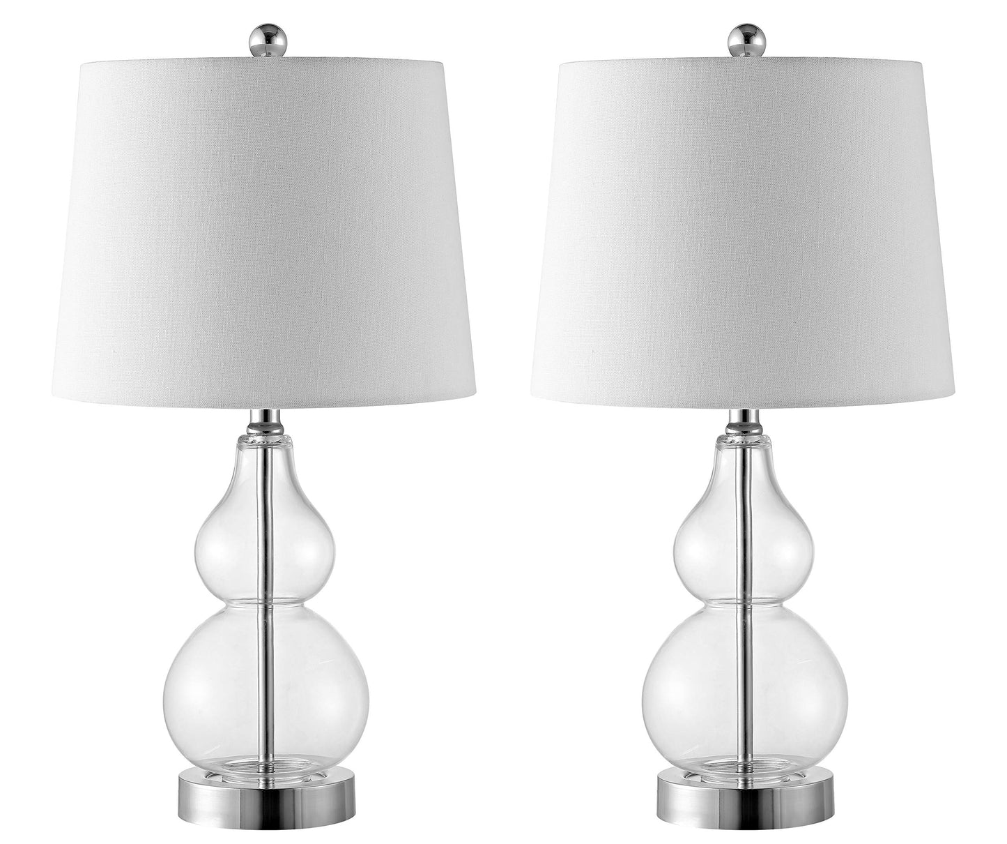 Elegant clear glass double‑gourd table lamp atop a polished chrome base, standing approximately 22 inches tall with a crisp white shade-3