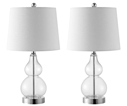 Elegant clear glass double‑gourd table lamp atop a polished chrome base, standing approximately 22 inches tall with a crisp white shade-3