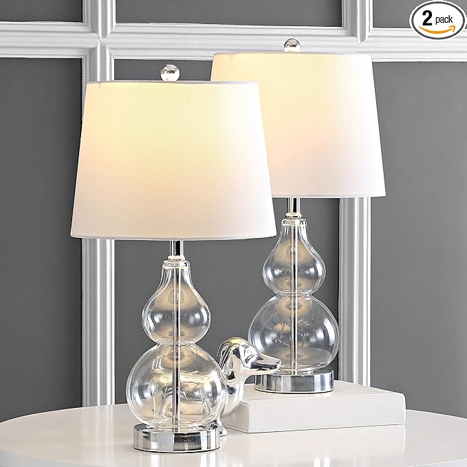 Elegant clear glass double‑gourd table lamp atop a polished chrome base, standing approximately 22 inches tall with a crisp white shade-4