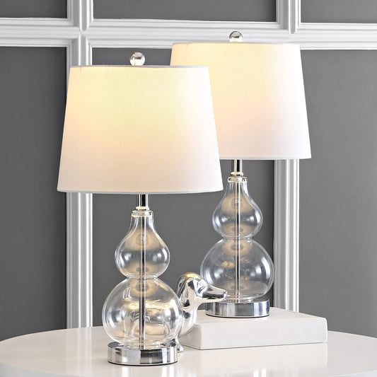 Elegant clear glass double‑gourd table lamp atop a polished chrome base, standing approximately 22 inches tall with a crisp white shade