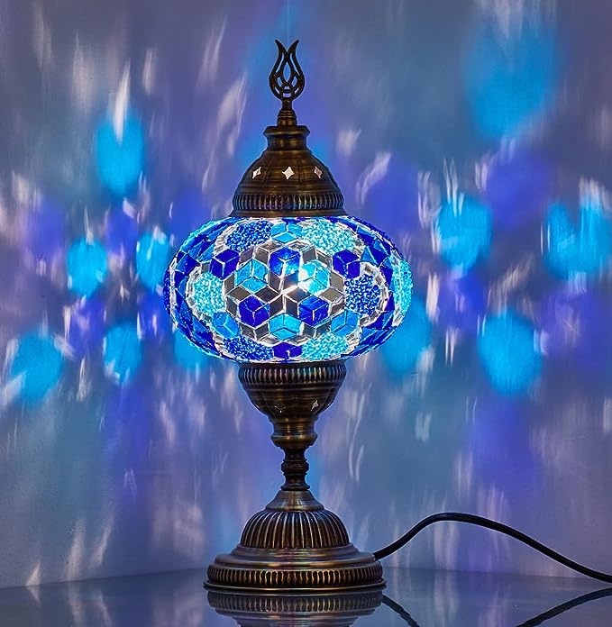 Turkish Moroccan mosaic bedside lamp featuring a globe‑shaped glass shade with colorful mosaic tiles and an ornate bronze base, casting warm, patterned light-2