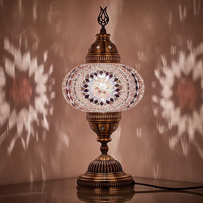 Turkish Moroccan mosaic bedside lamp featuring a globe‑shaped glass shade with colorful mosaic tiles and an ornate bronze base, casting warm, patterned light-3