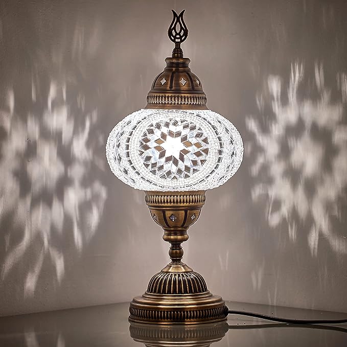 Turkish Moroccan mosaic bedside lamp featuring a globe‑shaped glass shade with colorful mosaic tiles and an ornate bronze base, casting warm, patterned light-4
